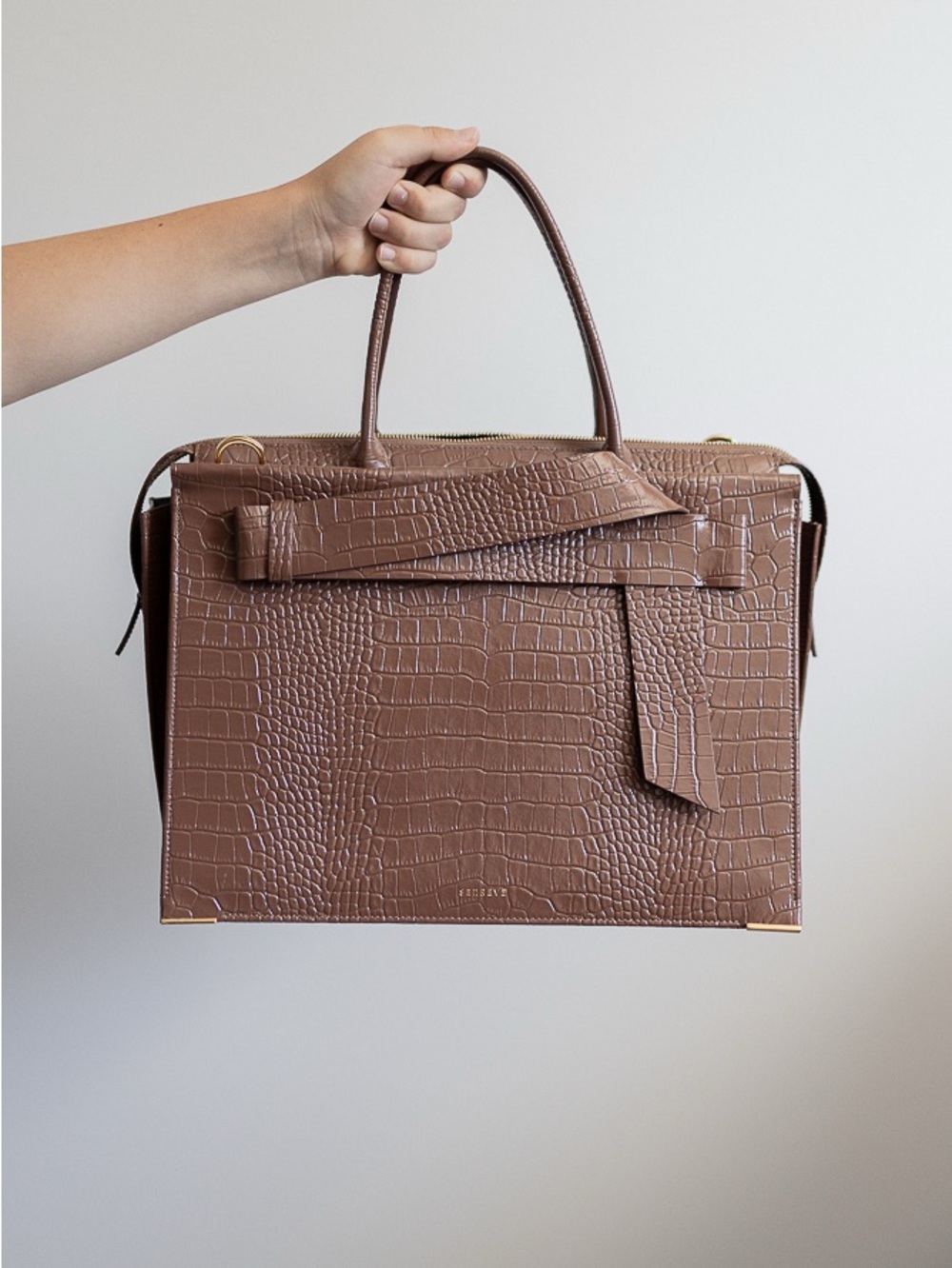 Senreve Maestra Bag Croc Embossed Leather Brown Bow Detail Made in Italy